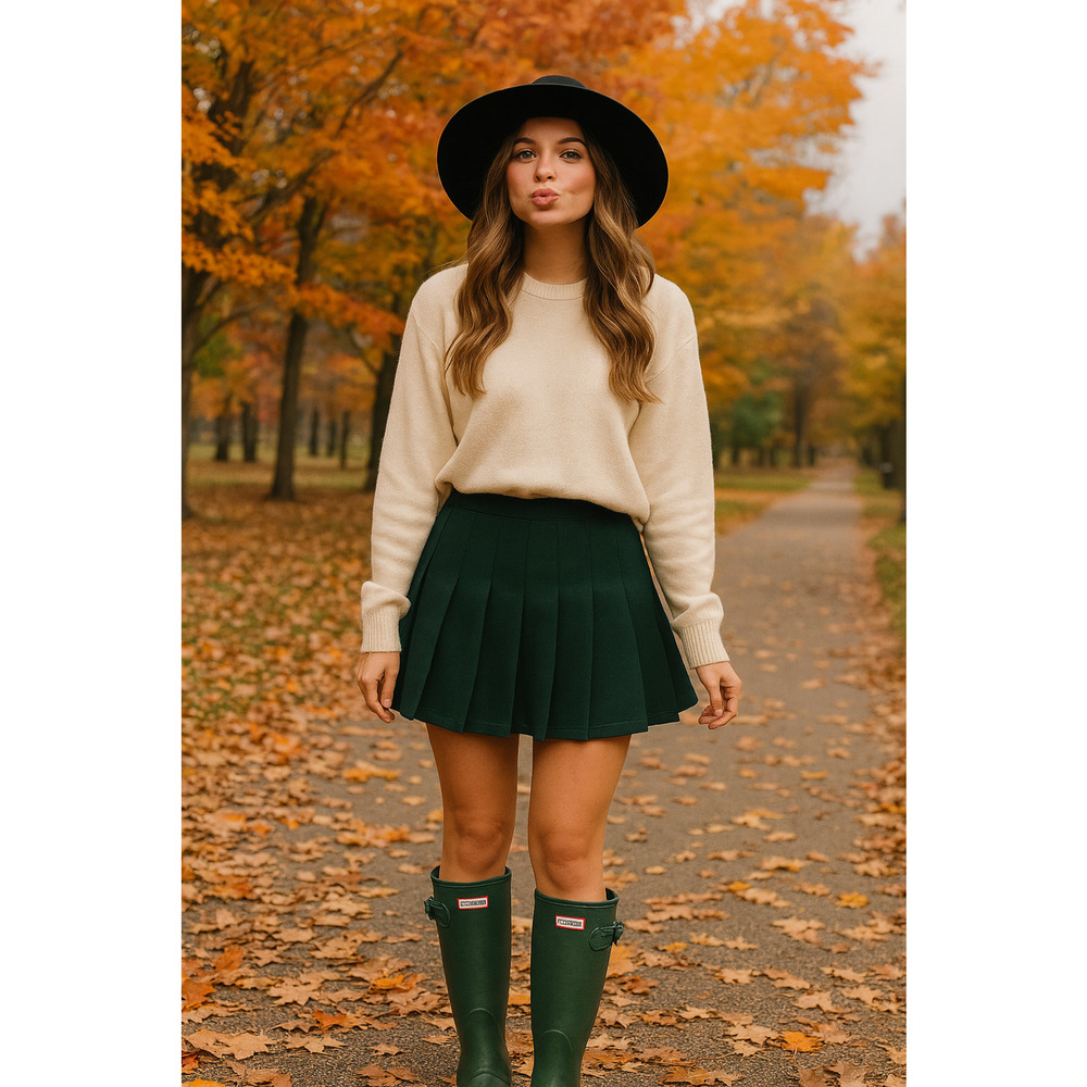 Dark Green Pleated Mini Skirt School Girl Waist 30" / 8 Medium